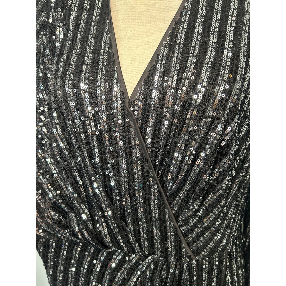 Baltic Born 1X Black Silver Sequin Faux Wrap Midi Dress Long Sleeve DM2349 - Picture 2 of 7